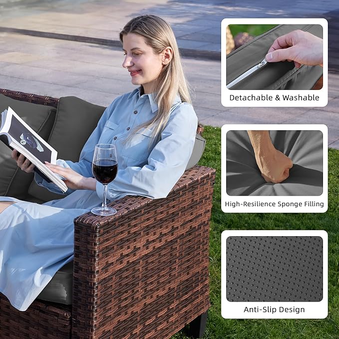 UDPATIO 5 Pieces Patio Furniture Set with Fire Pit Table, Outdoor Furniture Set with Rocking Swivel Chairs, Wicker Patio Set with Waterproof Cover, 4'' Thickened Cushion, Grey