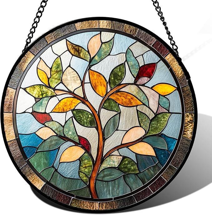 QZQCBLC Stained Glass Window Hanging Colorful Tree of Life 6.3" - Plant Leaves Suncatcher Door Garden Sun Catcher Home Decor Birthday Christmas for Mom Men Woman Nana Friend