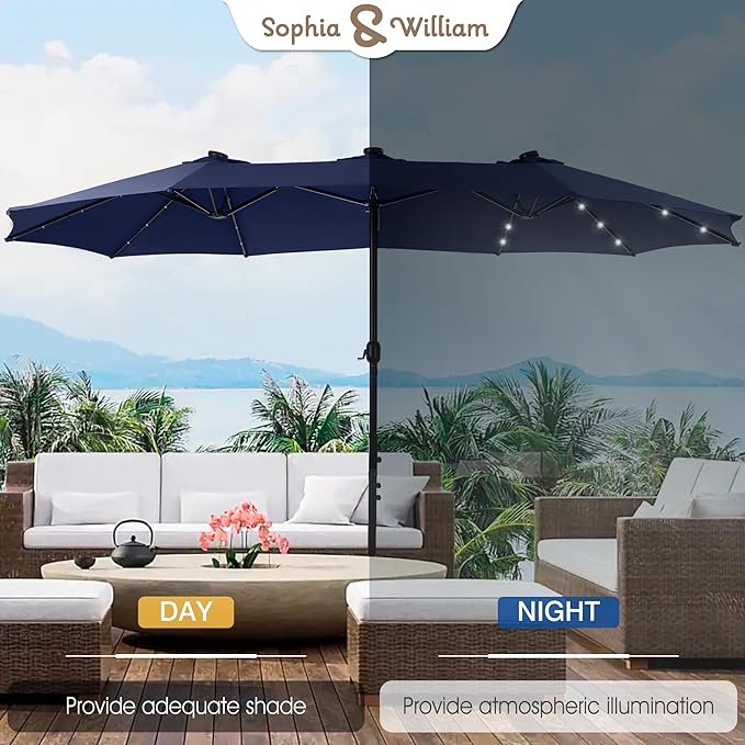 Sophia & William 15 ft Extra Large Patio Umbrella with Solar Lights, Rectangular Outdoor Umbrella with Base Included, Market Umbrella Double-sided Heavy Duty for Pool Garden Backyard, Navy Blue