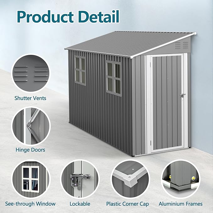 4X10 FT Outdoor Storage Shed W/ 2 Windows & Floor Frame,Lean to Shed W/Reversible Installation,Metal Garden Tool House W/Air Vents,Lockable Door & Sloped Roof,for Backyard Patio Lawn,Gray