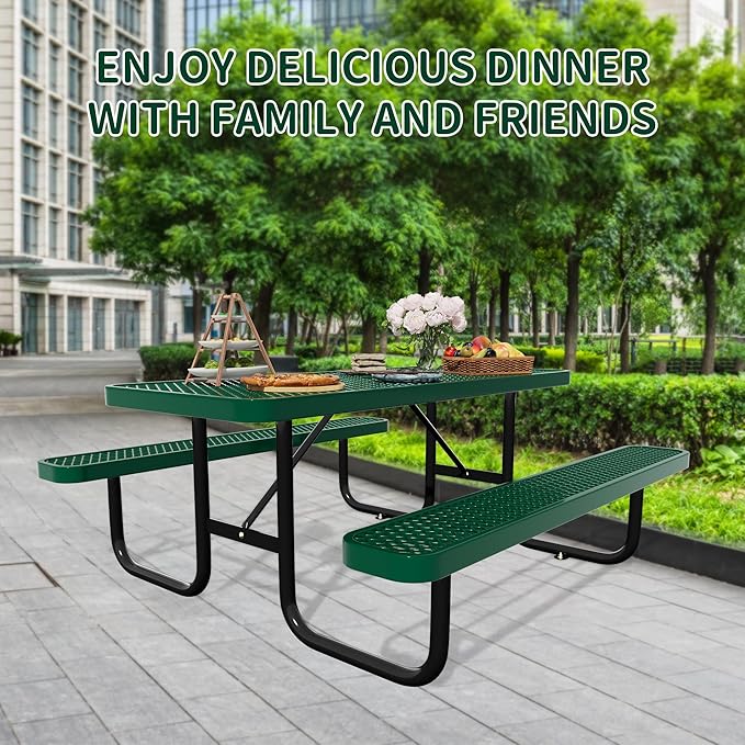 6FT Picnic Tables for Outdoors, Rectangular Commercial Metal Picnic Table Bench Set with Umbrella Hole,Heavy Duty Steel Weather-Resistant Dining Table for Patio Dining Garden Backyard BBQ School