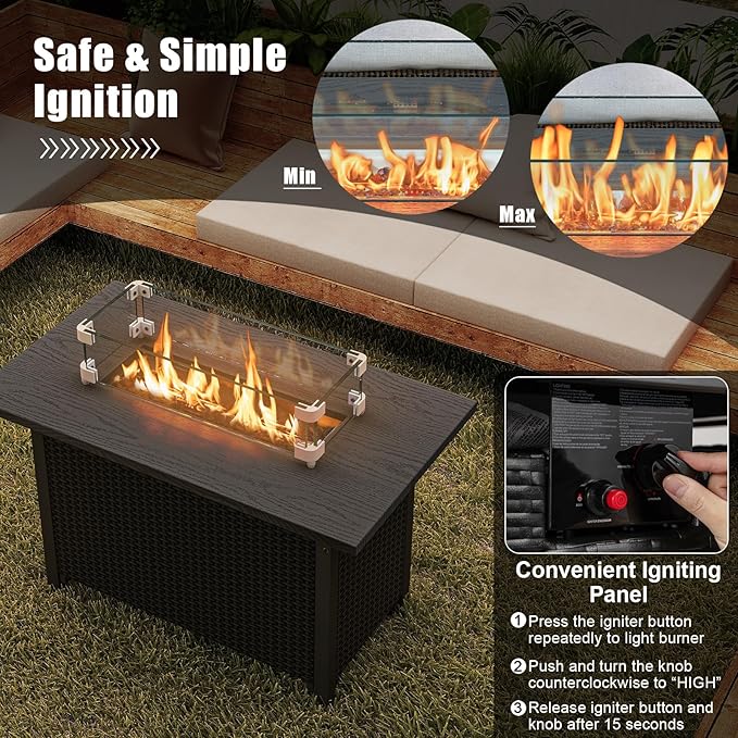 Tangkula Outdoor Propane Fire Pit Table, 42 Inch Rectangular Rattan Fire Table with Wind Guard & Glass Rocks, 50,000 BTU Smokeless Gas Fire Pit for Outside Patio (Black)