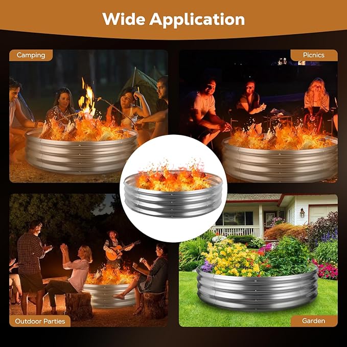 60 Inch Round Galvanized Fire Pit Ring, Silver Round Galvanized Fire Ring, 5 Feet Diameter Fire Pit, Outdoor Pits for Backyard, Camping, Bonfire