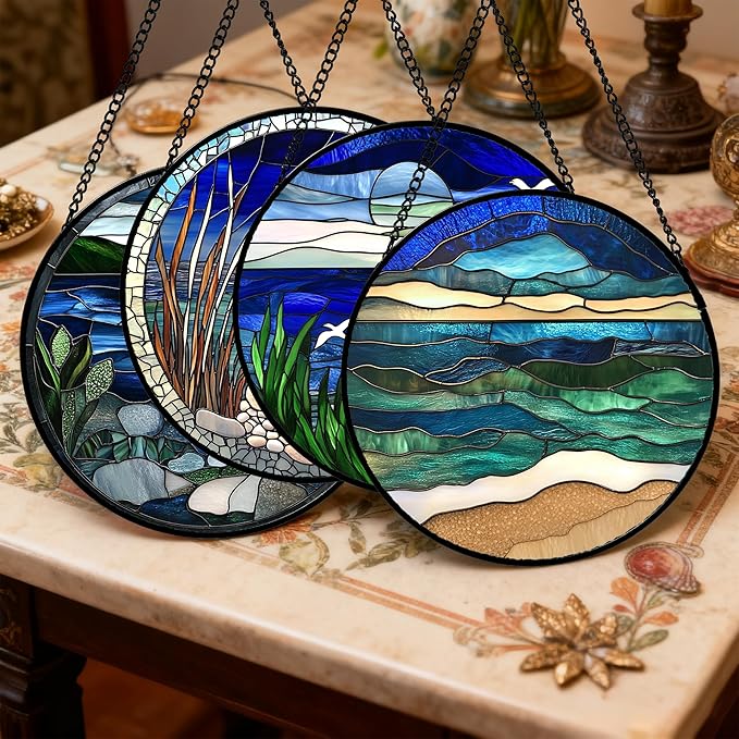 AMDERVEN Stained Glass Window Hanging 4 Pcs Set Navy Blue Ocean Landscape Large 11.8" - Suncatcher Door Garden Sun Catcher Decor Birthday Mother's Day for Mom Woman Nana Girl Boy Friend