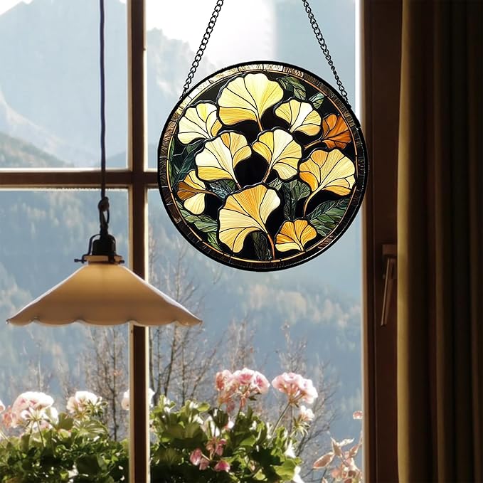 CRISGIF Stained Glass Window Hanging - Ginkgo Leaf Suncatcher for Doors Garden Patio Retro Fall Decor Sun Catchers Christmas Mother's Day Birthday Gifts for Women Men Mom Nana Friend 15 in