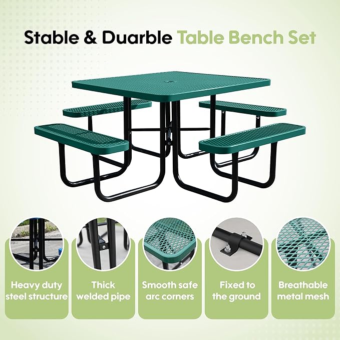 46Inch Square Picnic Table for 8 Person, Outdoor Heavy Duty Sturdy Picnic Tables with 4 Benches & Umbrella Hole, Commercial Metal Patio Picnic Table for Garden, BBQ, Coffee Store, Party, Porch (Green)