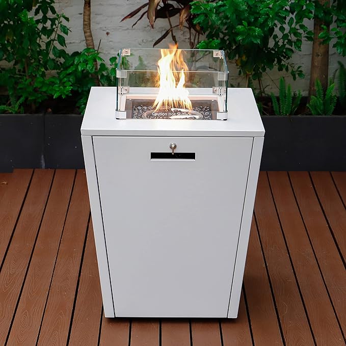 LeisureMod Chelsea 32" Modern Gas Fire Pit Table – 37,000 BTU CSA Certified Propane Steel Outdoor Table with Tempered Glass Wind Guard and Lid for Patio (White)