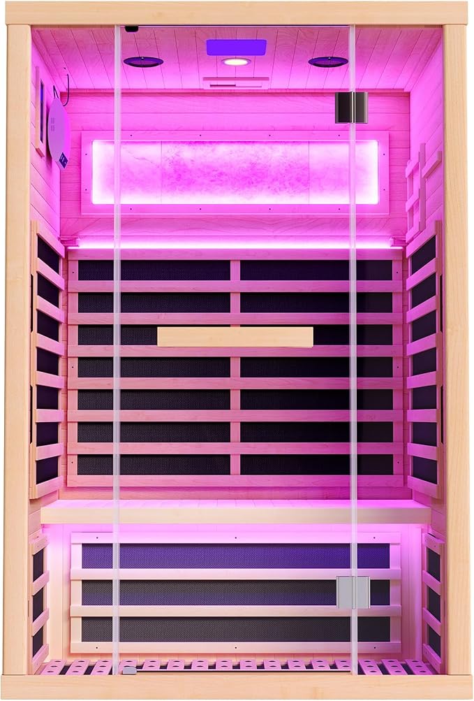 Albott Infrared Sauna 2 Person, Infrared Saunas for Home, Low EMF 1463W/110V Hemlock Wood Dry Sauna with Tourmaline Foot Warmer, 7-Color Light Therapy & Salt Crystal Bricks, 47.2"x34.2"x70.9"
