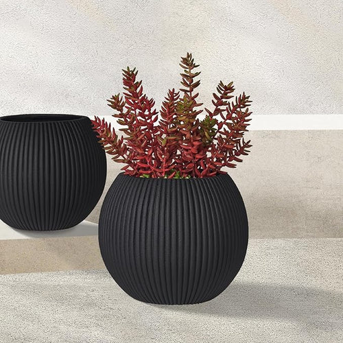 16 Inch Handmade Concrete Outdoor Planter - Classic Striped Design | Fiberglass & Composite Material | Durable for Commercial & Home Decor