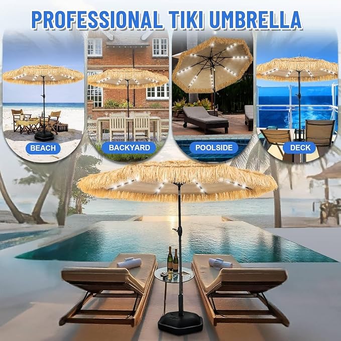 9 FT Solar Thatch Tiki Umbrella, Hawaiian Style Straw Umbrella, UPF 50+ Patio Umbrellas with 32 LED Lights for Beach, Pool,Garden