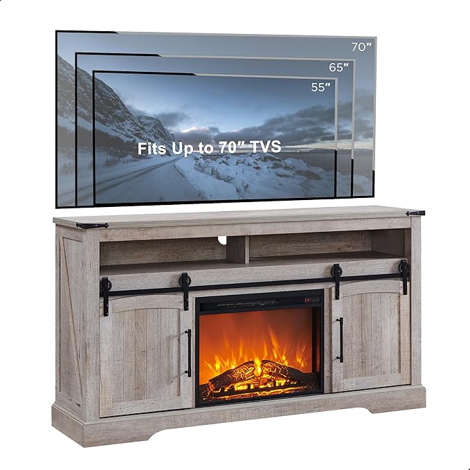 OKD Farmhouse Fireplace TV Stand for 70 Inch TV, 34" Tall Highboy Entertainment Center w/Electric Fireplace, Rustic Media Console w/Sliding Arched Door for Living Room,Light Rustic Oak