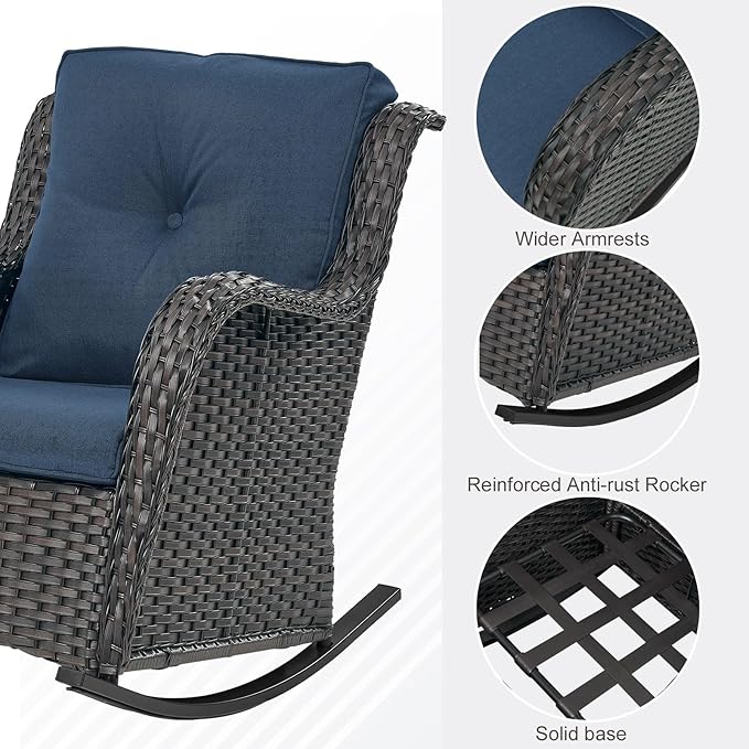 Patio Rocking Chairs Set of 2, Wicker Outdoor Rocking Chairs, Outdoor Gliders Patio Rockers for Porch, Deck, Yard, Garden, Brown Wicker/Blue Cushion