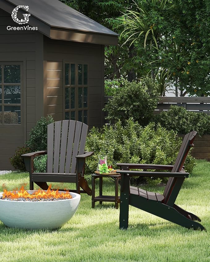 GREENVINES Adirondack Chairs Set of 4 | Wood Grain HDPE Plastic | Oversized Fire Pit Chair | All Weather | Dark Brown | Poly Lumber | for Outdoor Deck Backyard Patio Garden