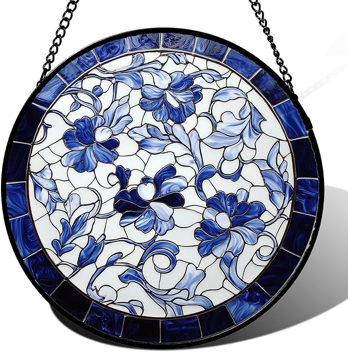 AMDERVEN Stained Glass Window Hanging, Blue and White Abstract Flowers Sun Catcher for Door Home Decor Suncatcher Christmas Mother's Day Birthday Gifts for Women Men Mom and Nana 11.8 in