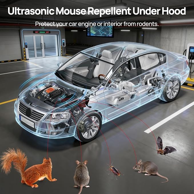 2 Pack Rodent Repellent for car Engines, Ultrasonic Rat Pest Repellent for Car Under Hood, Plug-in Powered, Keep Mouse and Mice Away from Car, Vehicle, RV, Garage, Barn (Unscented x2)