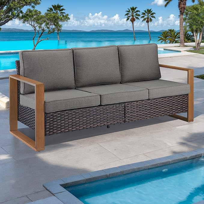 Rilyson Outdoor Couch Wicker Patio Sofa, Rattan Patio Furniture Sofa with Sturdy Frame,All-Weather PE Wicker,Wide Armrest,Deep Seating and Thick Cushions for Deck Porch Garden(Brown/Grey)