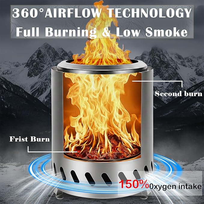9.7 x 7.1 Inch Tabletop Fire Pit by AmazStove, Low Smoke Camping Stove for Outdoor Safe Burning Firepits, Fueled Pellets or Wood, Travel Bag Included (Silver, 9.7 x 7.1 INCH)