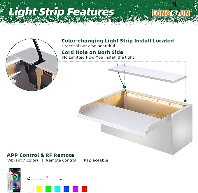 Longrun Pond Waterfall Box with Pump Kit, 304 Stainless Steel Pond Waterfall Spillway with 680 GPH 3000L/H Pump for Ponds, Pond Spillway Color-Changing LED Light Strip for Garden (11.8")