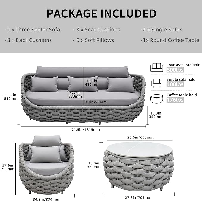 TWT Aluminum Modern Patio Set Three Seater Sofa Outdoor Furniture Set w/Coffee Table,Patio Conversation Set with Hand Woven Teslin Rope for Bedroom Backyard Poolside, Light Grey
