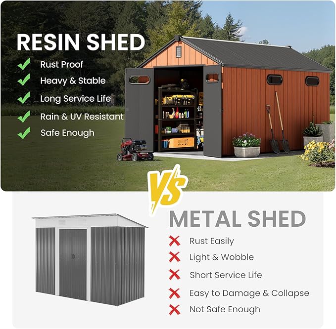 CRESTLIVE 8x12 FT Rust-Resistant Plastic Outdoor Storage Shed, Waterproof Resin Garden Shed with Floor, Doors, Skylight & Vent for Lawn Tools & Bikes