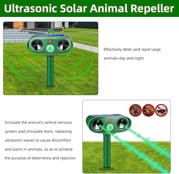 2 Pack Solar Ultrasonic Cat Repellent Outdoor, Waterproof Solar Animal Repellent for Garden, Ultrasonic Deer Deterrent Devices for Yard Lawn to Scare Rabbit, Dog, Squirre, Raccoon, Skunk (2)
