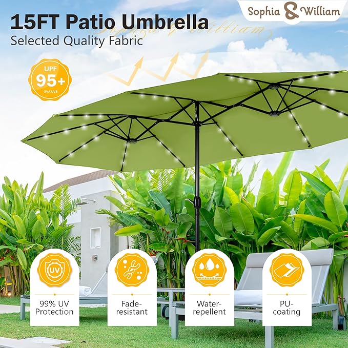 Sophia & William 15 ft Extra Large Patio Umbrella with Solar Lights, Rectangular Outdoor Umbrella with Base Included, Market Umbrella Double-sided Heavy Duty for Pool Garden Backyard, Lime
