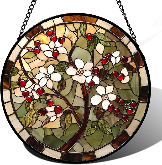 CRIS GIF Stained Glass Window Hanging - Hawthorn Tree Birth Flowers Suncatcher for Doors Garden Patio Sun Catchers Decor Christmas Mother's Day Birthday Gifts for Women Men Mom Nana Friend 11.8 in
