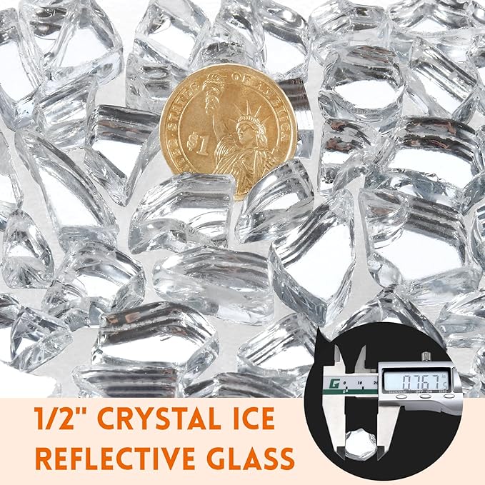 GasSaf 1/2 Inch Fire Glass Reflective Tempered Fireglass Cut Crushed FireGlass for Fire Pit, Fireplace, Replaces Existing Gas Logs & Lava Rocks (10 Pound)(Crystal Ice Reflective)