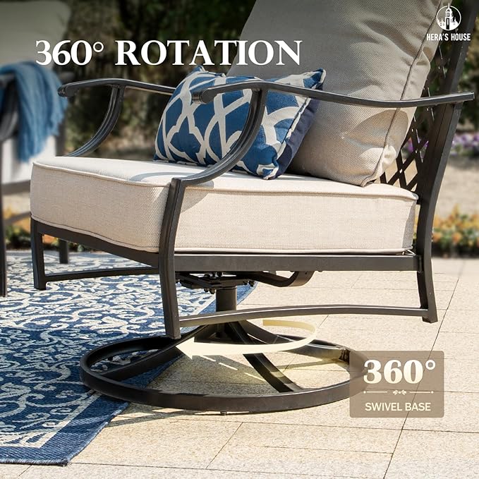 HERA'S HOUSE 5 Pieces Fire Pit Patio Furniture Set, 4 x Thick Cushioned Swivel Chairs with 28" Fire Pit Table (50,000 BTU), Outdoor Conversation Set for Garden, Backyard, Lawn