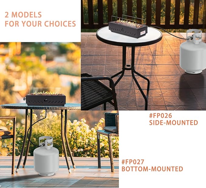 ONLYFIRE OUTDOOR LIVING 18" Tabletop Propane Gas Fire Pit Bottom-mounted for Table with Umbrella Hole, Portable Smokeless Firepit with Glass Wind Guard for Patio Backyard Camping RV Tailgating, #FP027