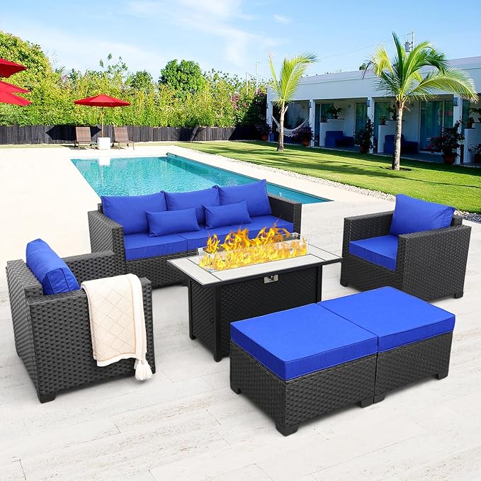 Rattaner Outdoor Patio Furniture 60000 BTU Outdoor Propane Fire Pit Table Patio Furniture Set 45" Outdoor Fire Pits 6 Pieces Patio Sofa Outdoor Chairs Anti-Slip Cushions Waterproof Covers, Royal Blue