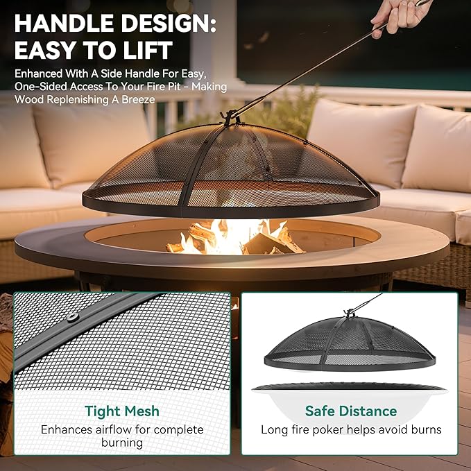 YITAHOME 30" Fire Pit Screen with Top Ring & Poker, Iron Mesh Spark Guard with High-Temperature Coating, Portable & Modular for Backyard Fire Pits, Camping, Beach Parties, and Barbecues