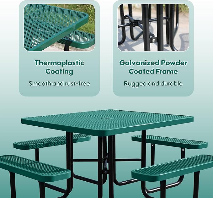 Sunnibety 8-Person Picnic Tables for Outdoors, Industrial 46" Expanded Metal Square Picnic Table with 4 Benches & Umbrella Hole, Outside Table and Bench Set for Garden, Backyard, Porch, Patio, Green