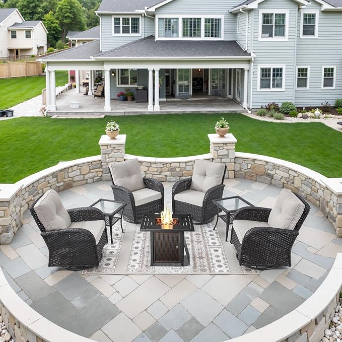 Belord 7-Piece Modern Black Wicker Patio Conversation Set - 4 Swivel Glider Chairs & 50,000 BTU Propane Fire Table