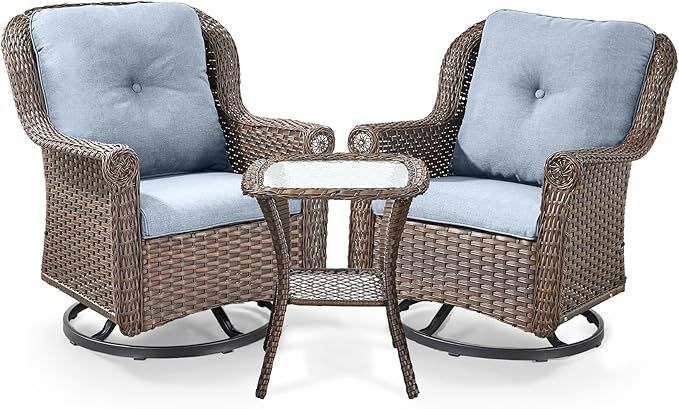 3 Piece Patio Swivel Chairs and Side Table Set - High Back Outdoor Brown Wicker Rattan Rocking Glider with Thick Cushions for Porch Apartment Deck Yard Poolside Garden - Baby Blue