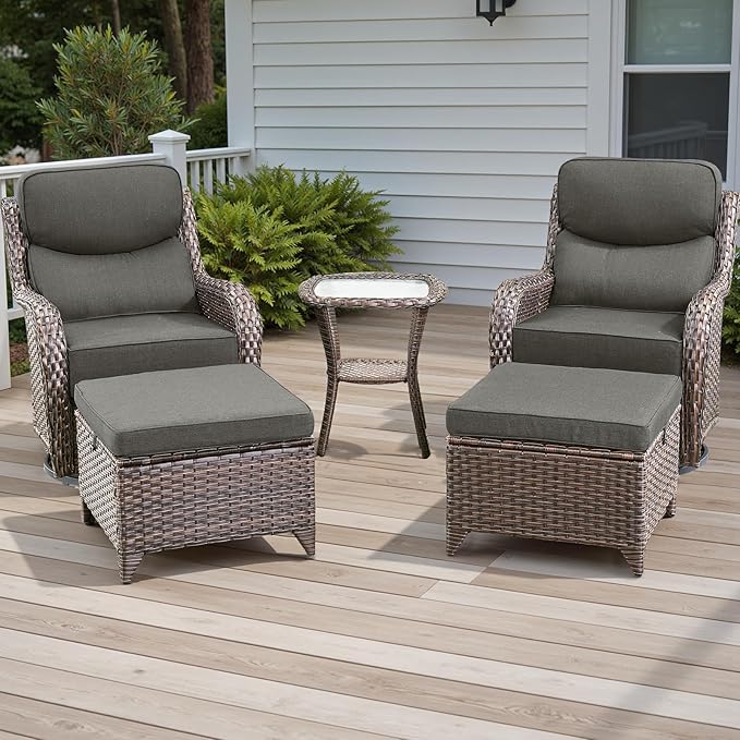 Rilyson Wicker Outdoor Patio Furniture Set - 5 Piece Patio Conversation Sets with Swivel Rocker Chairs, Ottomans and Side Table, 6 inch Cushions, Waterproof Wicker, for Porch Deck Brown/Grey