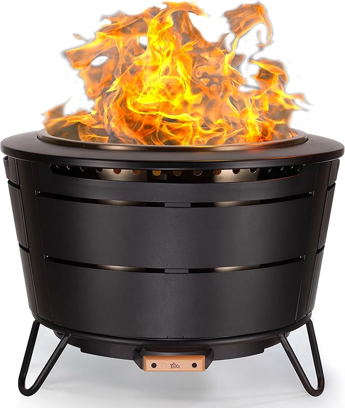 TIKI 27.5-Inch Smokeless Reunion Fire Pit, Large Outdoor Fire Pit for Gatherings, Wood Burning with Removable Ash Pan & Weather-Resistant Cover, Modern Black Design – Perfect for Patio & Backyard