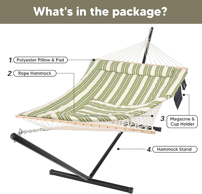 SUNCREAT Cotton Rope Hammock for Two People with Hardwood Spreader Bars, Quilted Fabric Pad & Detachable Pillow, Extra Large Hammock with 12 FT Steel Stand, Ipad Bag & Cup Holder, Green&Beige