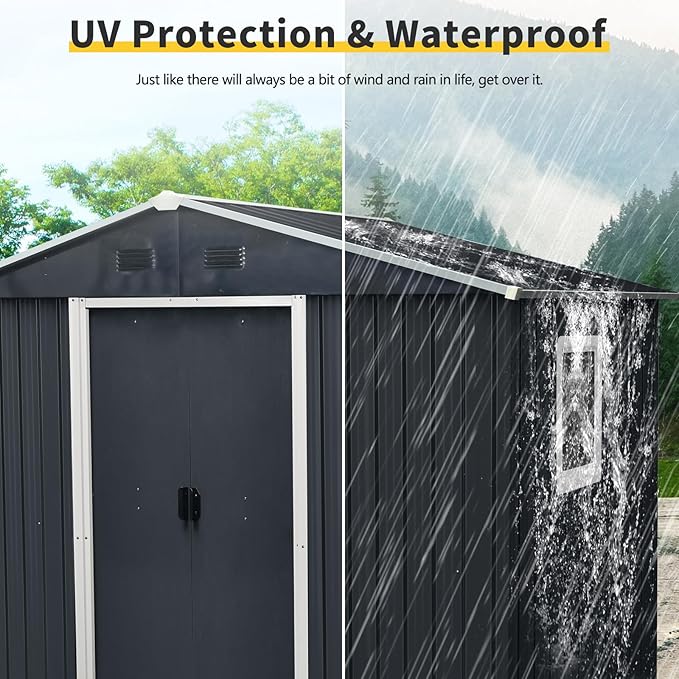 Outdoor Storage Shed, 8x4ft Metal Storage Shed with Window and Metal Foundation, Lockable Sliding Door, All Weather Tilted Roof Tool Shed with Vents, for Backyard, Patio, Lawn
