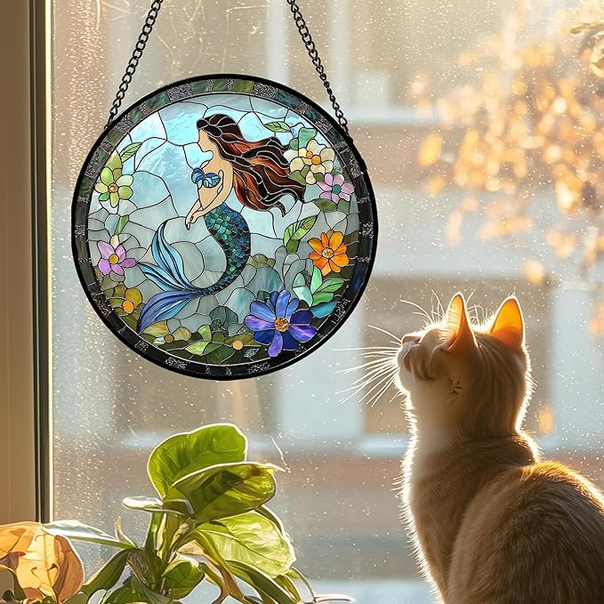 JOSUMALY Stained Glass Window Hanging - Light Blue Mermaid Suncatcher for Door Terrace Garden Home Decor, Ocean Flowers Sun Catcher Birthday Gifts for Lovers Women Men Dad Mom Nana 11.8 in