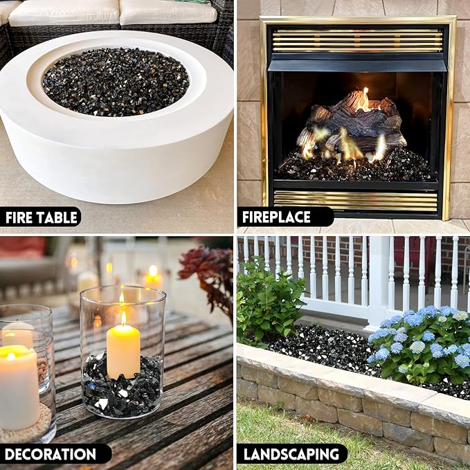 GasSaf 1/4 Inch Fire Glass Reflective Tempered Fireglass Cut Crushed FireGlass for Fire Pit, Fireplace, Replaces Existing Gas Logs & Lava Rocks (20 Pound)(Black Reflective)