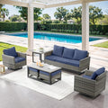 7 Piece Wicker Patio Furniture Set - Outdoor Swivel Rocker Chairs Set with Coffee Table, Side Table, 3 Seat Sofa & Ottomans, Small Patio Conversation Sets for Balcony Deck - Grey/Blue