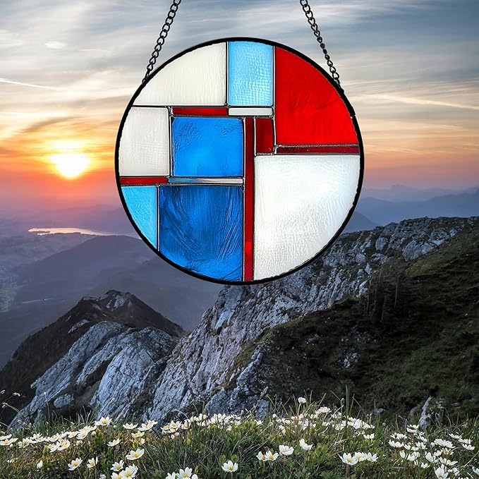AMDERVEN Stained Glass Window Hanging 4 Pcs Set Abstract Flowers in Red White Blue 9.8" - Suncatcher Door Garden Sun Catcher Decor Birthday Mother's Day Xmas Gift for Mom Woman Nana Men Parents