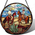 QZQCBLC Stained Glass Window Hanging Western Cowboys Riding Horses 9.8" - Suncatcher Door Garden Sun Catcher Home Decor Birthday Christmas for Woman Nana Friend Men Kids