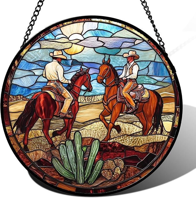 QZQCBLC Stained Glass Window Hanging Western Cowboys Riding Horses Large 15" - Suncatcher Door Garden Sun Catcher Home Decor Birthday Christmas for Woman Nana Friend Men Kids