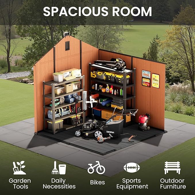 CRESTLIVE 8x8 FT Rust-Resistant Plastic Outdoor Storage Shed, Waterproof Resin Garden Shed with Floor, Doors, Skylight & Vent for Lawn Tools & Bikes