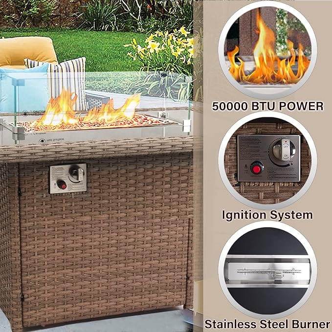 DIMAR GARDEN Outdoor Wicker Fire Pit Table, Propane Gas Fire Table with Glass Wind Guard, Modern Life Luxury Choice, 50,000 BTU 43in