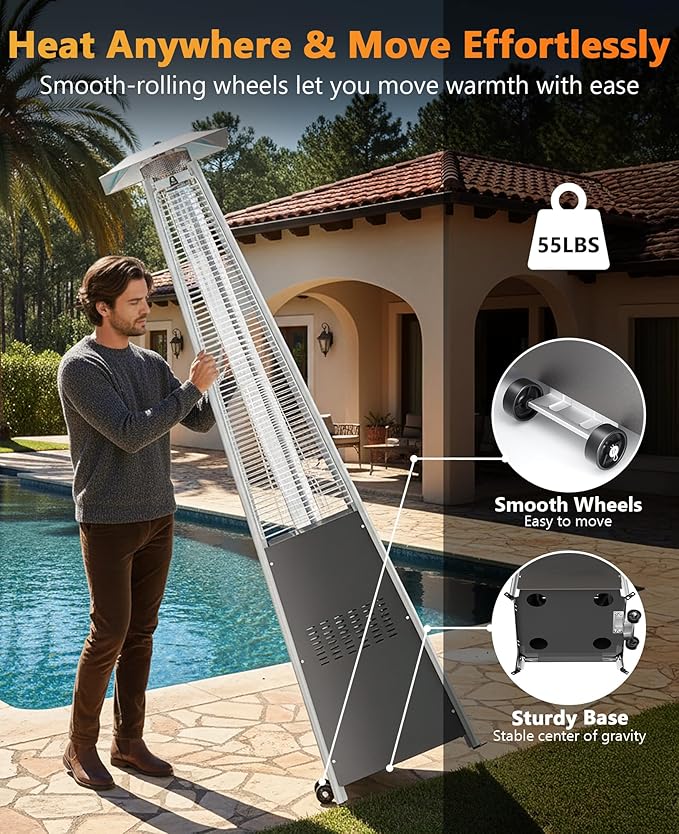 HUGROVE Pyramid Patio Heater, 48,000 BTU Rapid Heating Outdoor Propane Heater With Wheels and Weatherproof Cover, Triple Protection System for Patio, Backyard, Garden, Pool