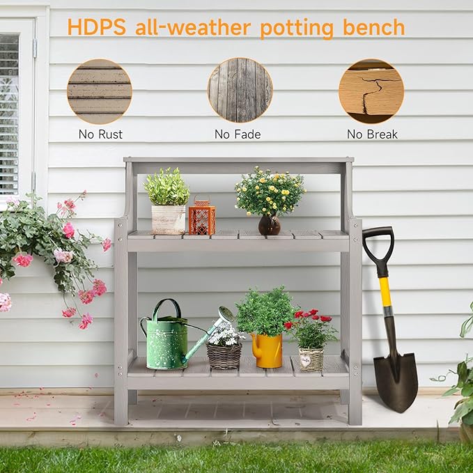 ONBRILL Potting Bench, HDPS Potting Bench with 4 Side Hooks, All-Weather Garden Table Work Station, Outdoor Potting Table for Porch, No Rust, No Fade, No Break, 360lbs Capacity (Grey, Large)