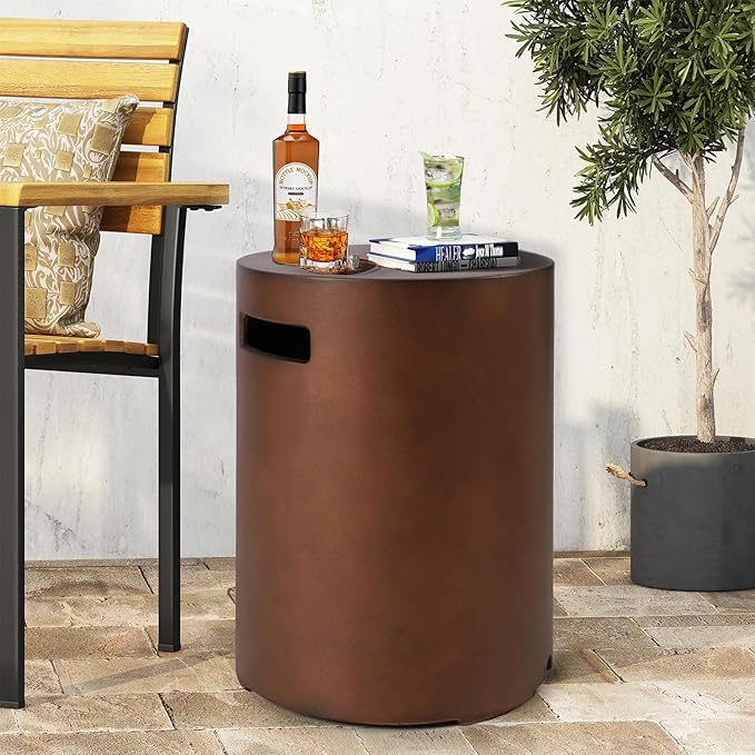 Propane Tank Cover Table Round, Outdoor Tank Covers Propane Storage Box 20 LB Modern Cover Tables with Side Handle, Concrete Hideaway Holder for Patio Backyard Deck (Dark Bronze)